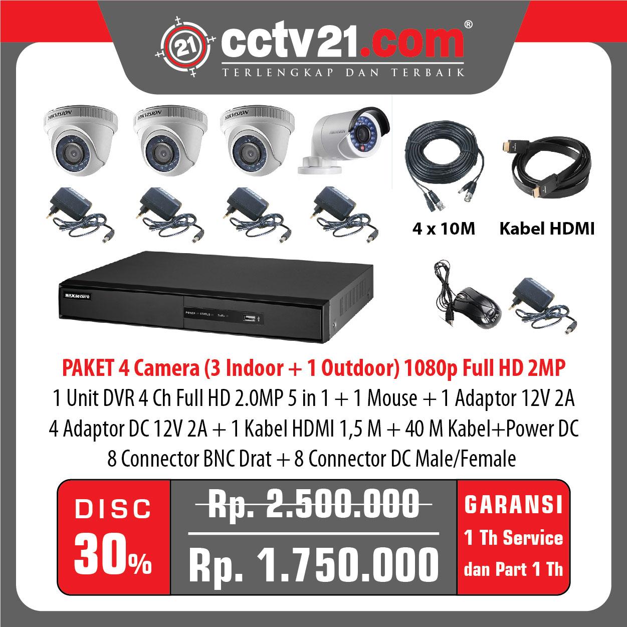 Promo Paket 4 CCTV (Full HD 2MP) 3 Indoor-1 Outdoor +4 Adp 2A+40mtr Kabel -DVR Full HD 4Ch 5 in 1