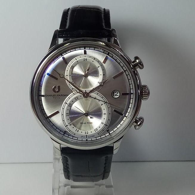 Charles Jourdan Jam Tangan Pria Charles Jourdan CJ1060-1312M Dual Time Silver Black St-Steel Leather Strap