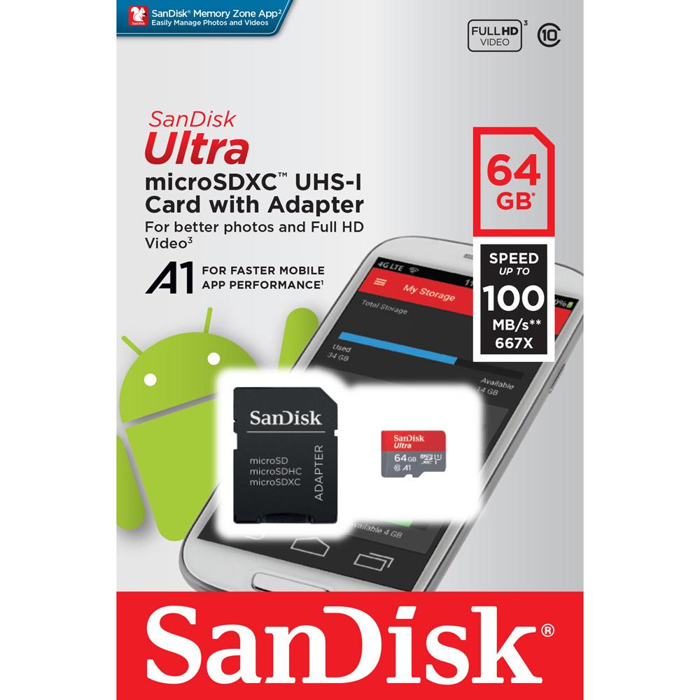 SanDisk Ultra MicroSD 64GB A1 100MB/s UHS-I Card with SD Adapter