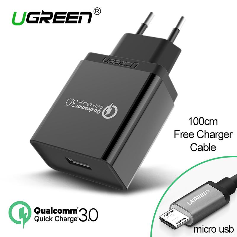 UGREEN QC3.0 Quick Charge 3.0 Quick Charger for Xiaomi Redmi Samsung ASUS Zenfone Handphone hp 18W Fast Charger Black + Free 1 Meter Micro USB Cable