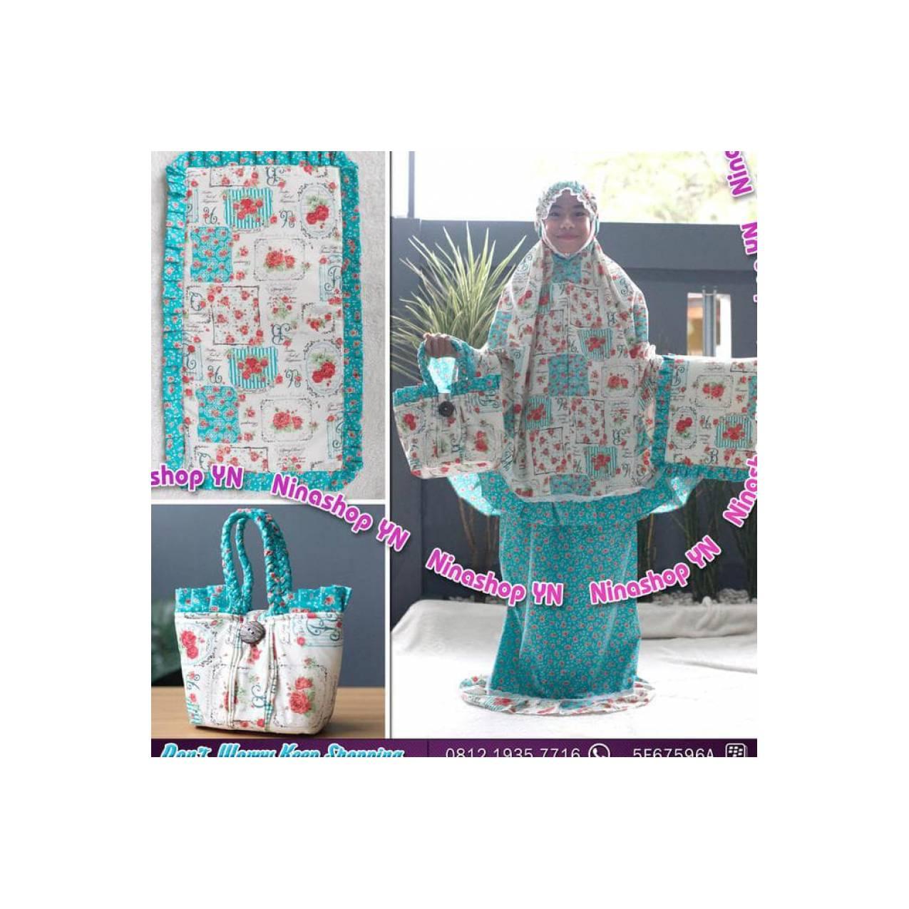 Jual Mukena Anak Motif Shabby Chic Biru Tosca