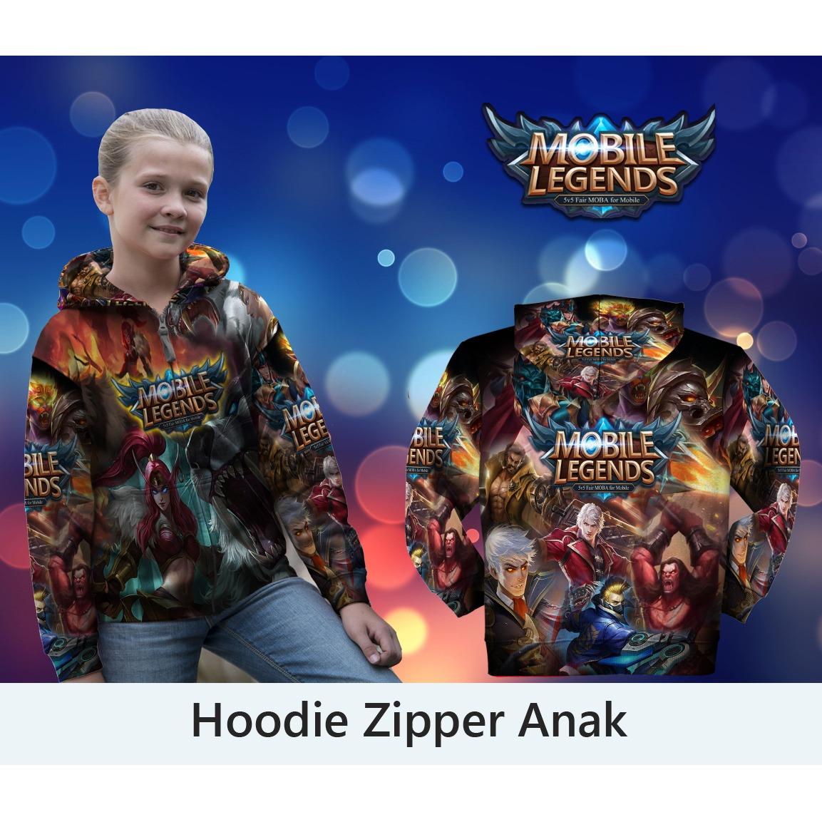 Jaket Hoodie Anak Zipper Fullprint Custom Mobile Legend All Skin IRITHEL