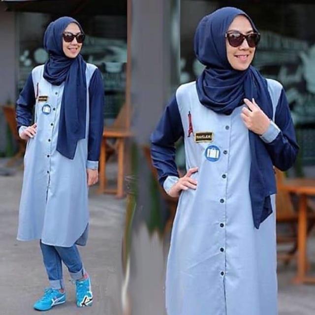 Damai fashion jakarta - baju atasan tunik denim combi twiscone DAVINA PARIS - konveksi baju murah