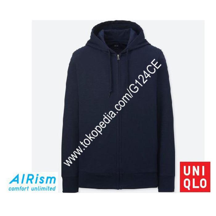 PROMO !! JACKET PRIA UNIQLO AIRism JAKET HOODIE RETSLETING 180714 biru tua navy