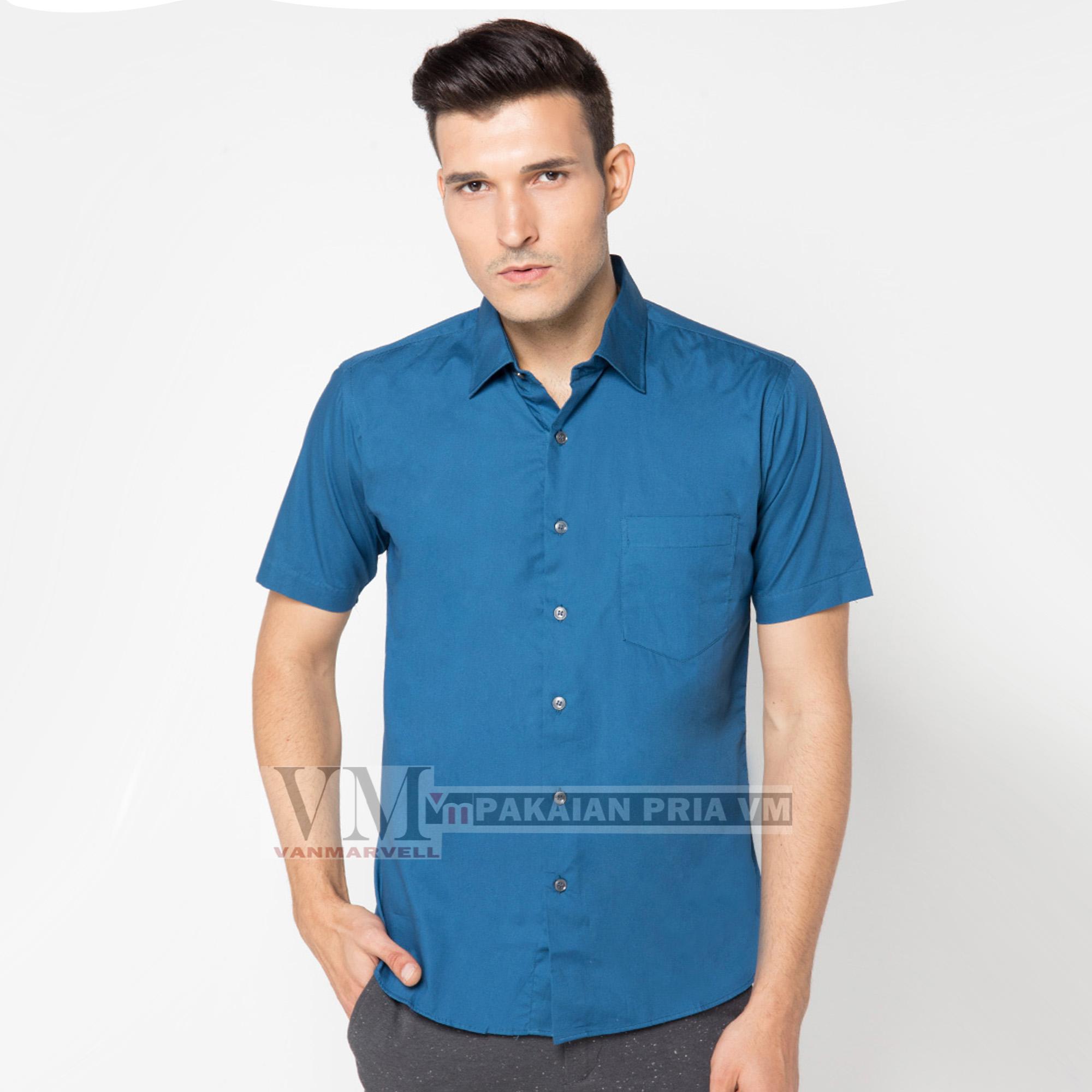 VM Kemeja Pria Polos Slimfit Basic Pendek Hijau Toska - Dark Tosca Short Shirt