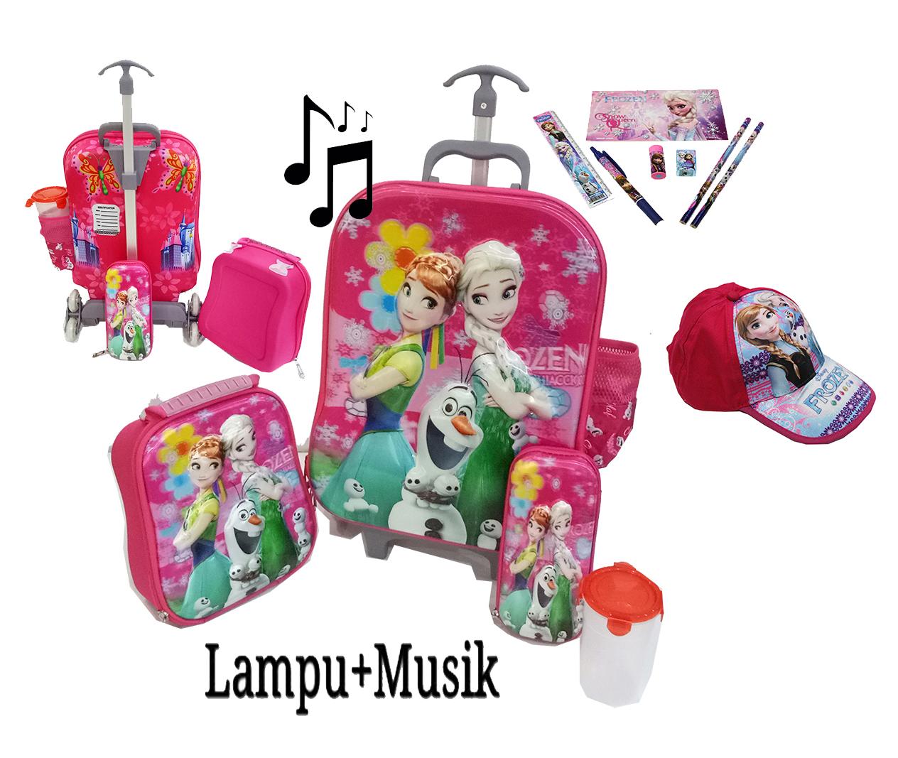 Onlan Frozen Fever Beautiful 5D Timbul LAMPU Dan MUSIC Tas Trolley Anak Sekolah 4in1 Set 6 Roda Gagang Almunium dan Set Alat Tulis + Topi Cantik - Pink