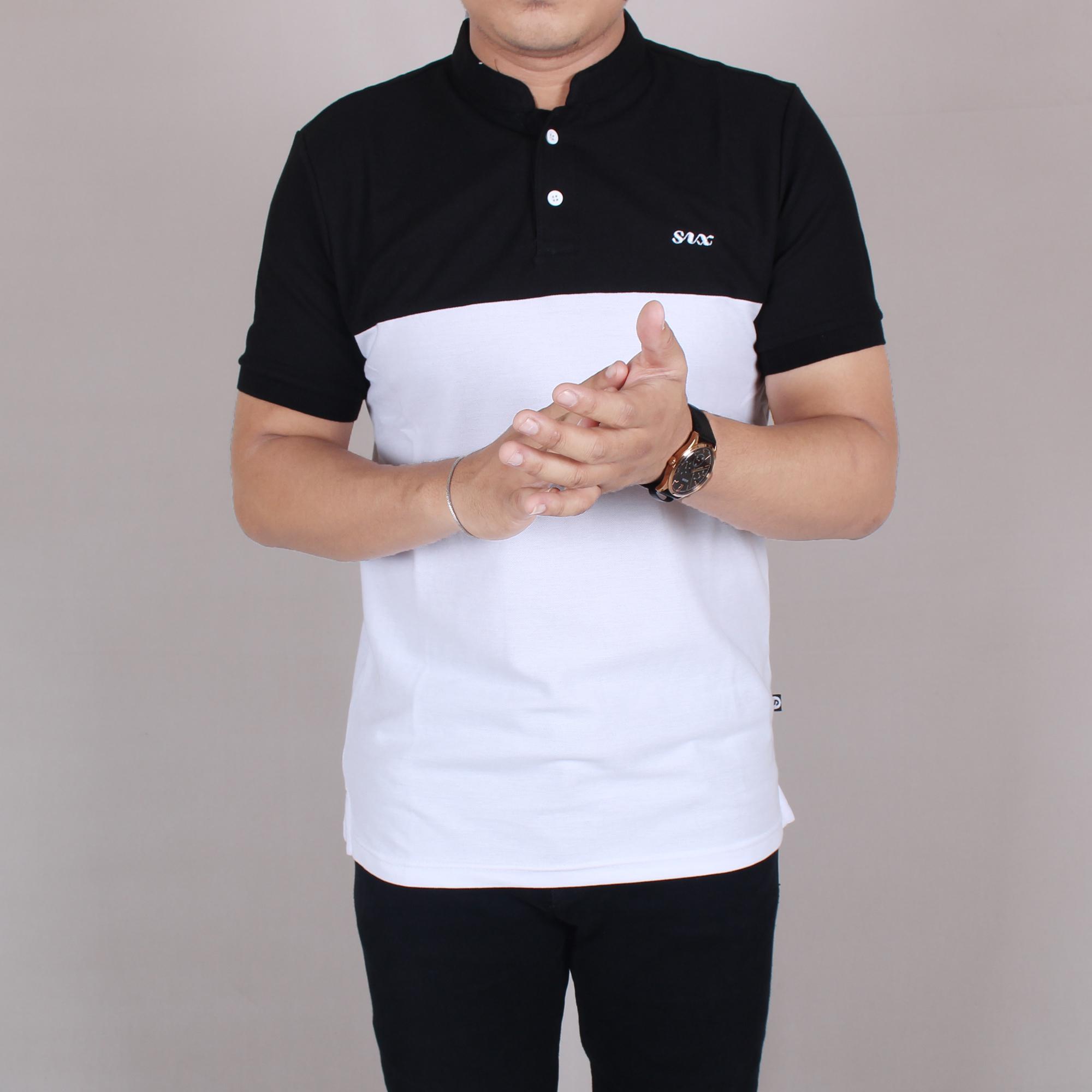 Zs-fashion 6047 Kaos Polo Six Pria Lengan Pendek Baju Kaos Polo Kerah Sanghai Cowok Kerja Kantoran Formal Black Mix White Simple