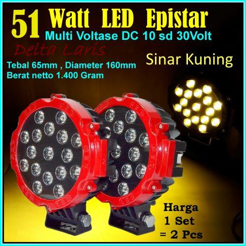 Lampu sorot tembak LED 2 pcs 51 watt sinar kuning casing merah 12 volt 24 volt untuk mobil motor truk alat berat offroad