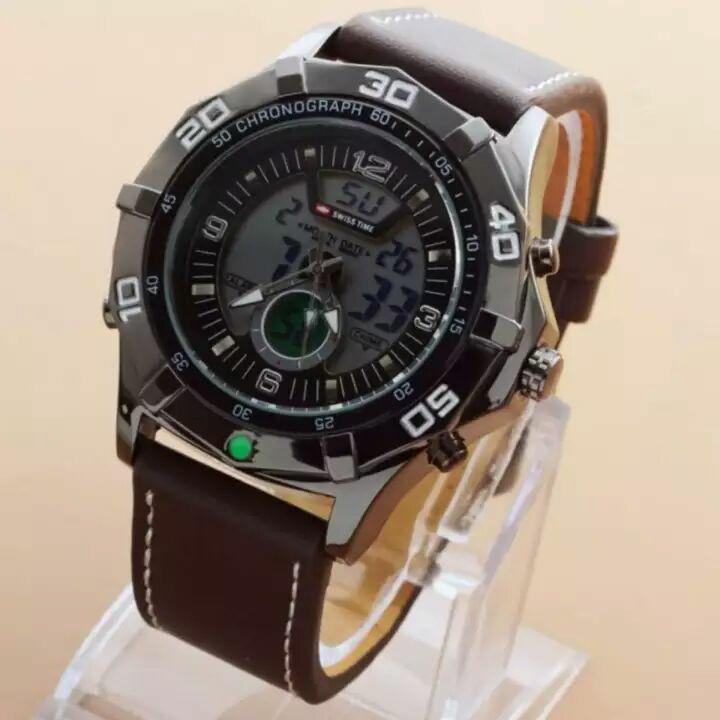 Swiss time /Army - FASHION - Indigo Dual Time - Jam Tangan Pria Strap kuliti SA1144