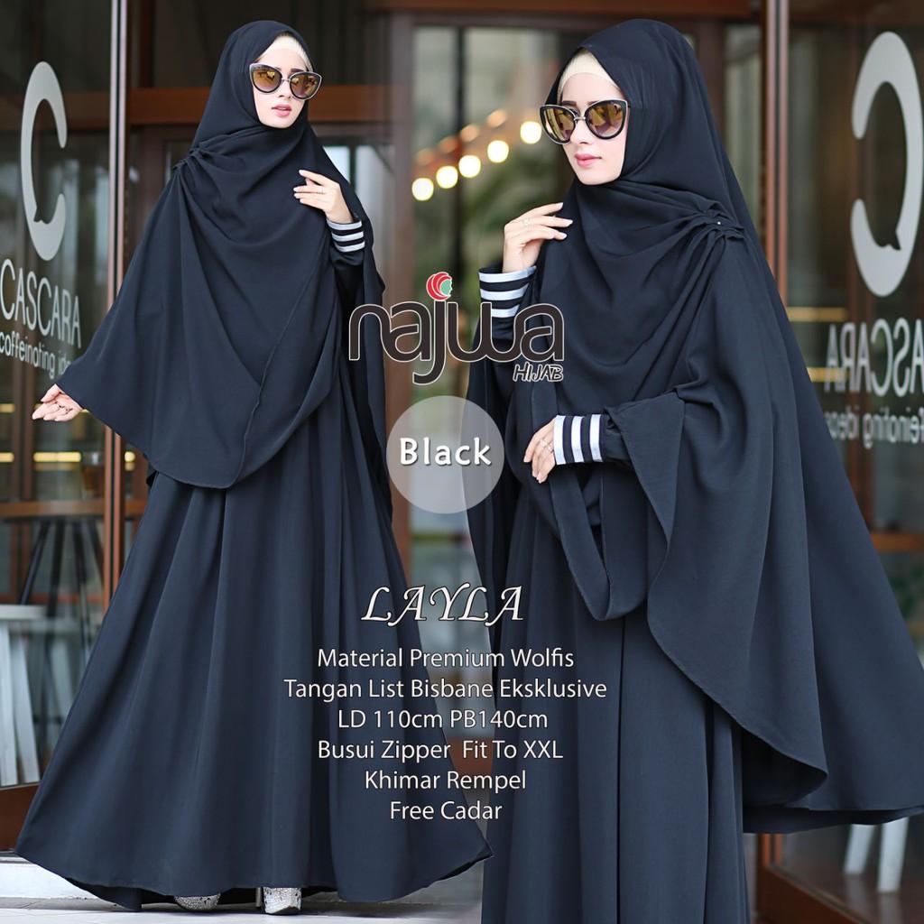 LAYLA SYARI gamis set khimar premium wolfis polos hijab besar ORIGINAL NAJWA (black)