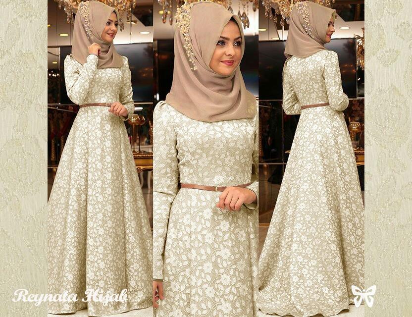 UC Maxi Hijab Dress Gamis Muslim Rey/ Set Terusan Maxi Hijab Gamis Syar'i / Syari Simple Elegant / Gamis Muslimah Wanita / Kebaya Modern Jaguard (ynatare) SS - Cream - TANPA Pasminah & Belt / Gaun Pesta
