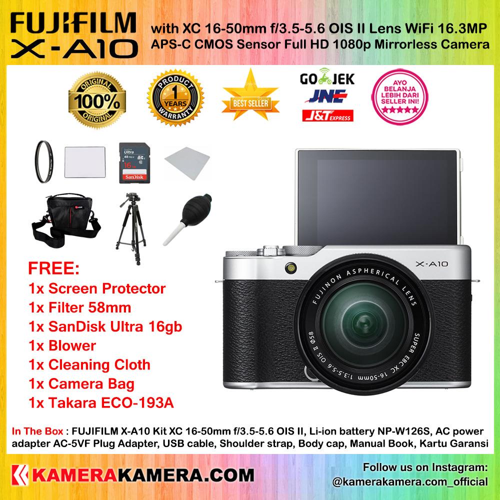 FUJIFILM X-A10 Kit XC 16-50mm OIS II SILVER WiFi 16MP (Garansi 1th) + Screen Guard + SanDisk Ultra 16gb + Filter 58mm + Air Blower + Cleaning Cloth + Camera Bag + Tripod Takara ECO-193a