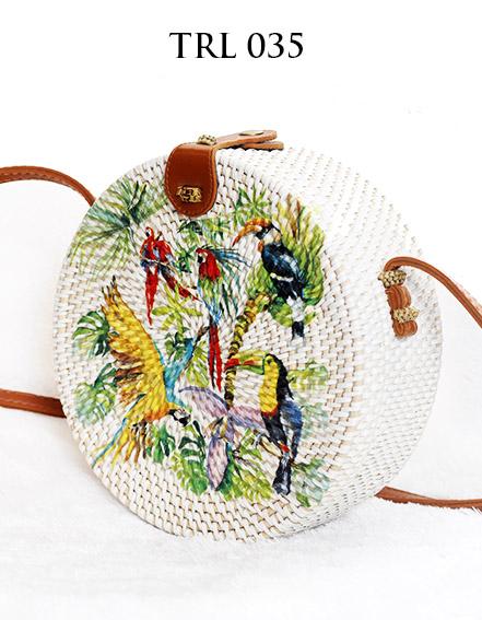 Tas Rotan Lukis Decoupage Motif Burung TRL035 Diameter 20cm