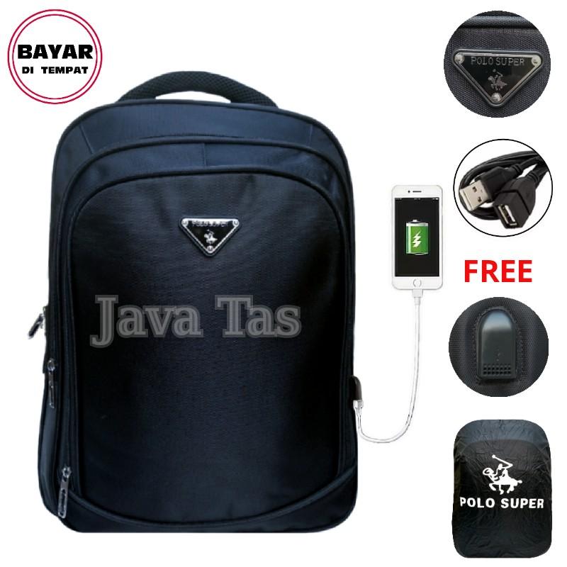 Java Tas Ransel Laptop Polo Super Tas Ransel Pria Tas Ransel Wanita Tas Laptop USB port Charger Tas Laptop Murah Tas Punggung Tas Kerja Tas Kuliah Tas Ransel Laptop Import Navy+ Raincover