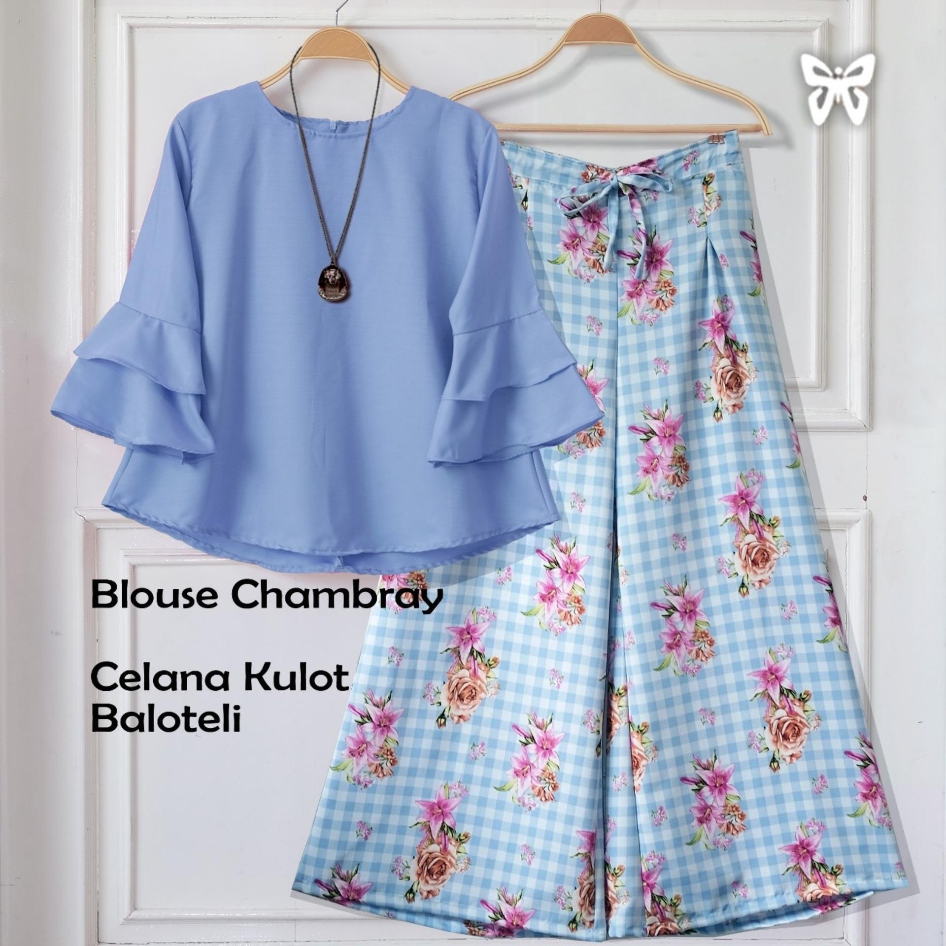 Setelan Wanita Motif Bunga MSR212 / Stelan Muslimah / Atasan Blouse Kemeja Lengan Panjang Terompet Bawahan Celana Kulot Muslim / Baju Gamis / Blus Hijab / Srchantika