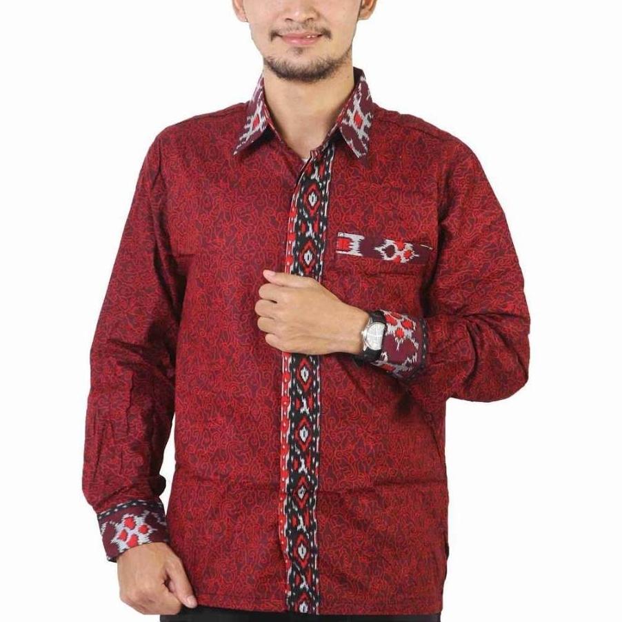 Nivana Batik - Kemeja Panjang Batik Mega Mendung Merah & Biru Baju Atasan Pria Modern