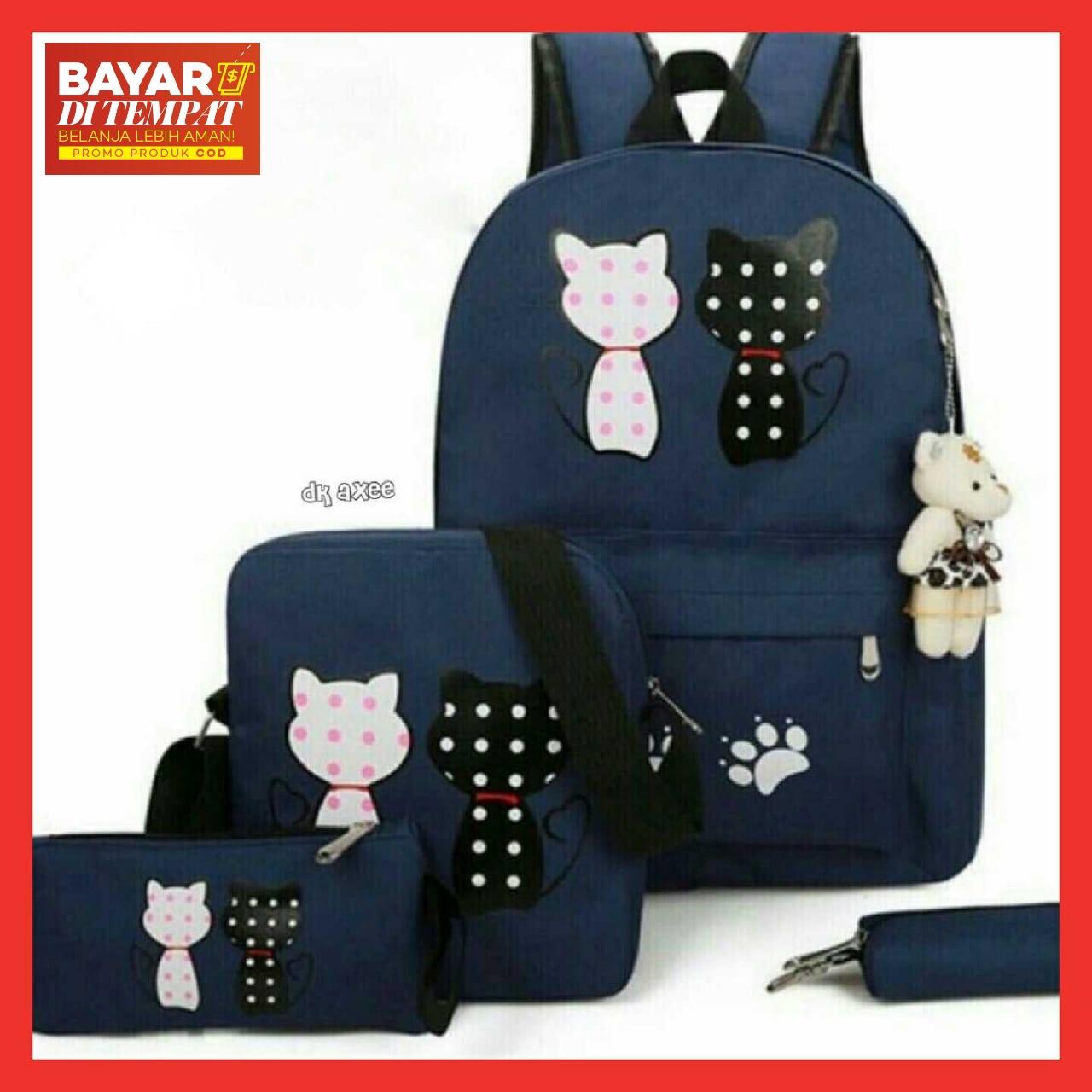 TAS RANSEL WANITA SET 4IN1 MOTIF BACKSIDE CAT