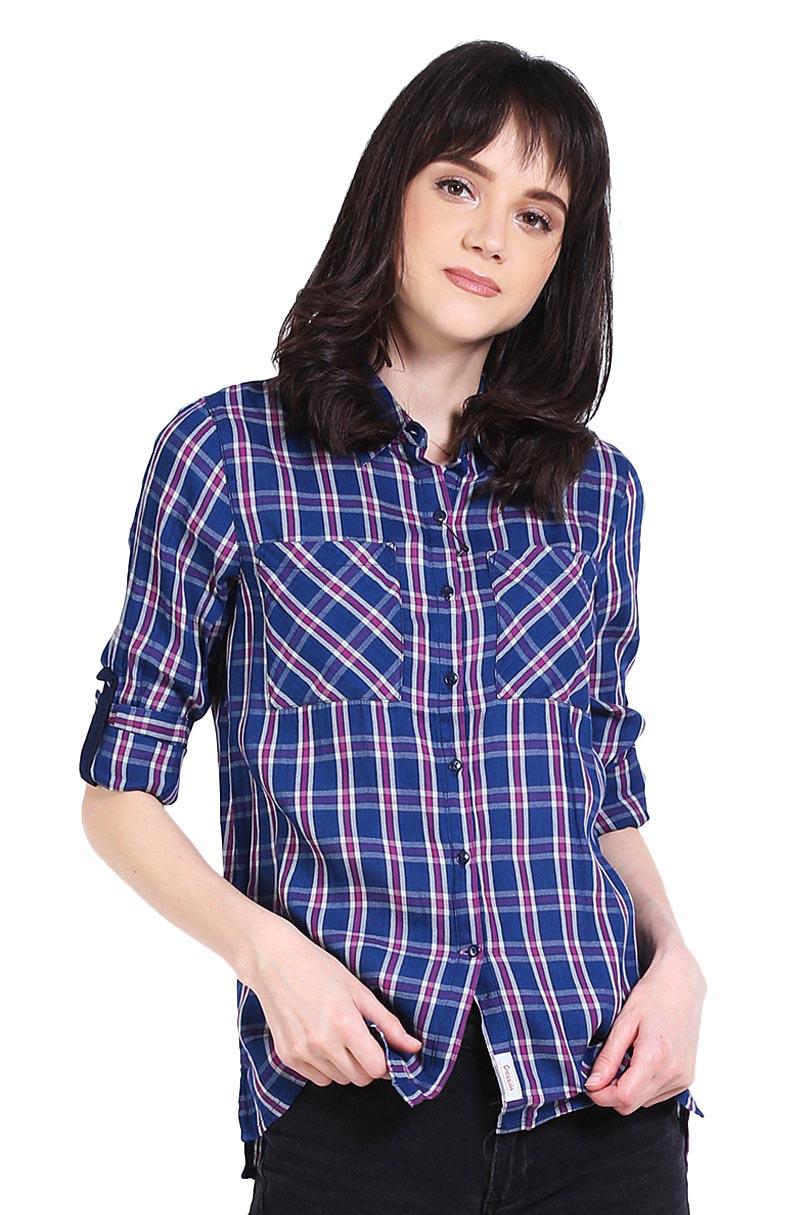 Cressida Pakaian Blouse dan Kemeja Wanita Ladies Plaid Shirt Blue