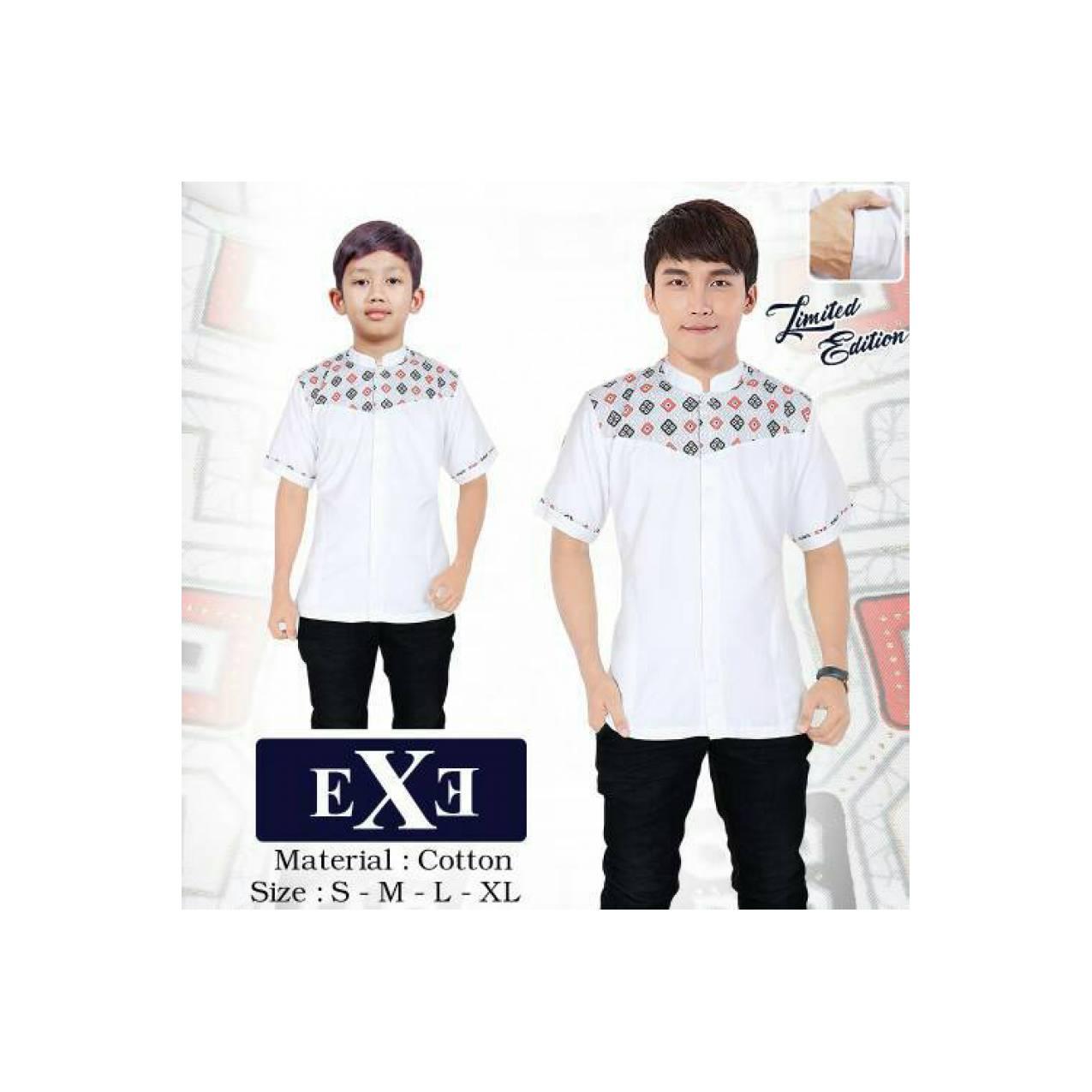 Kemeja / Baju Koko Muslim Couple Ayah Anak eXe - Putih Kombinasi Batik