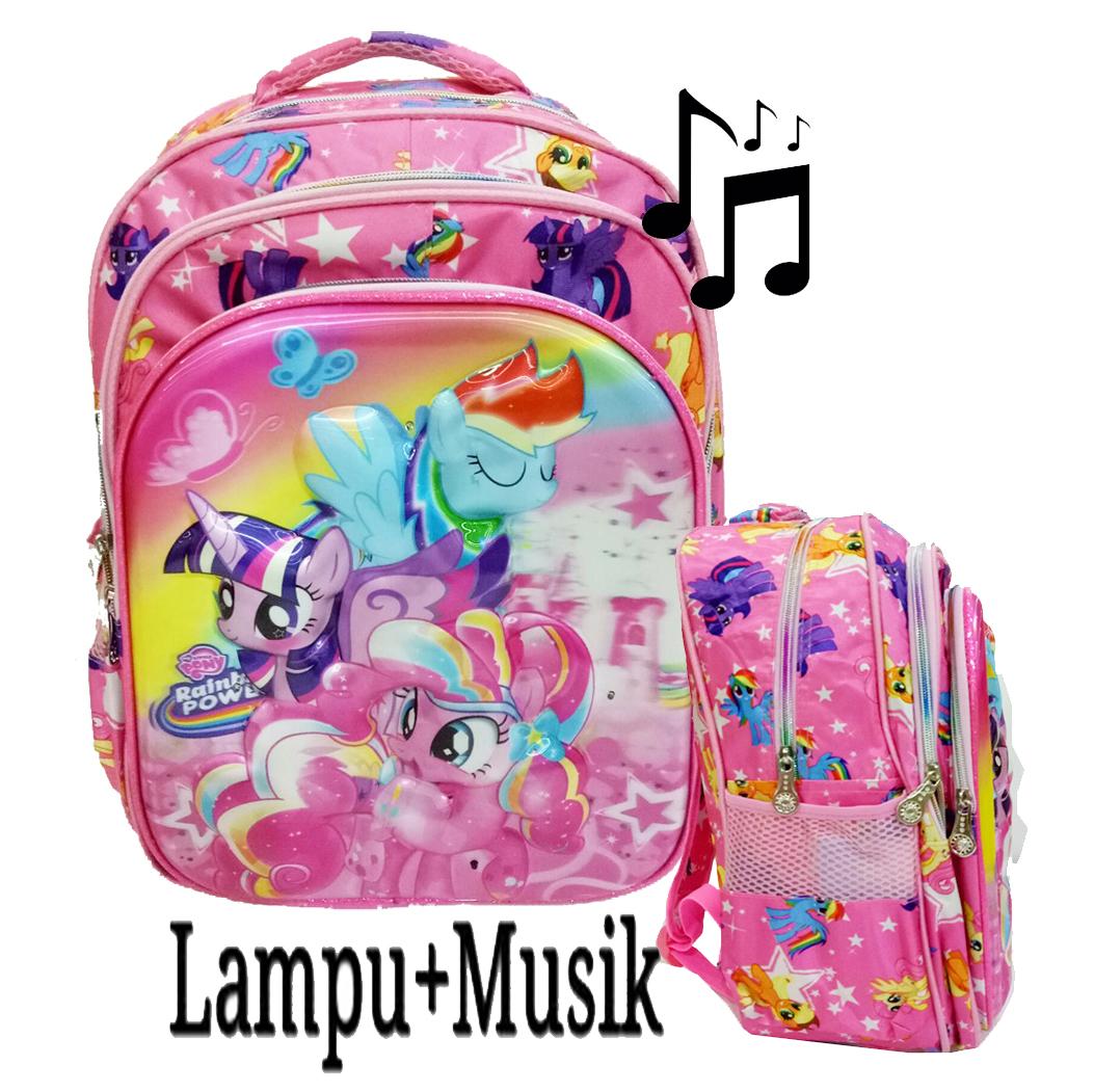 Onlan Tas LAMPU + Music Ransel Anak SD Motif Anak Perempuan Cantik 5D Timbul Import 3 Kantung - Pink