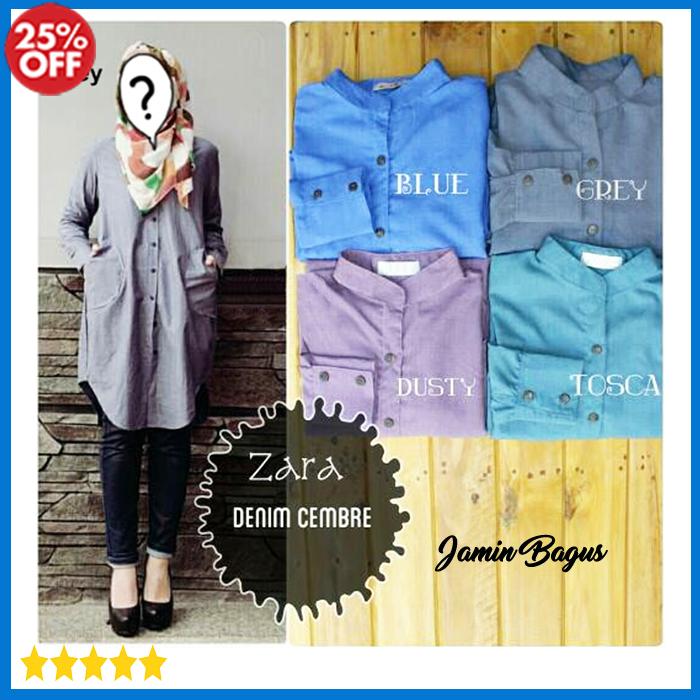 Promo Baju Atasan Blouse Wanita Muslim Super Murah ZARA DENIM CEMBRE Tunik Bahan Supernova Ukuran Allsize