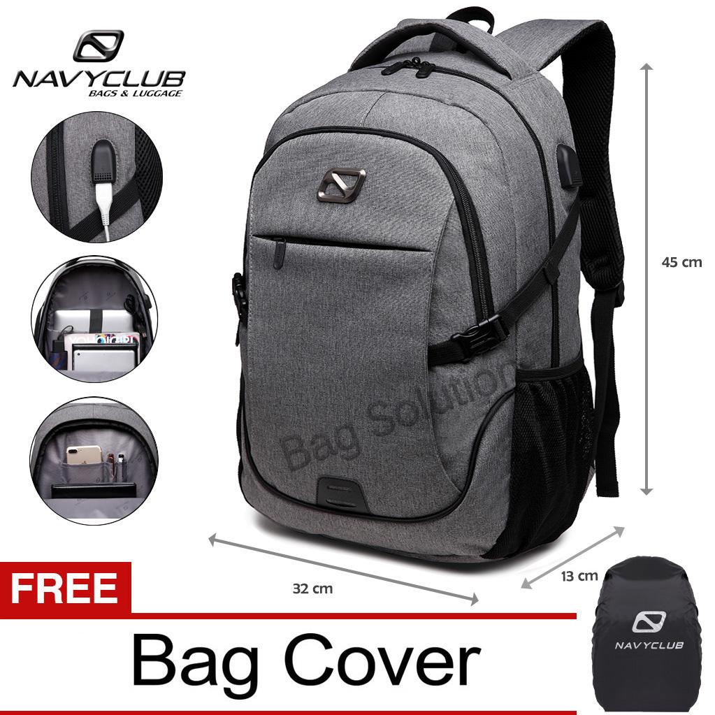 Navy Club Tas Ransel Laptop - Tas Pria Tas Wanita Tas Punggung - Backpack built in USB Charger Up to 15 inch FBJFA BPU - Abu Bonus Cover Tas