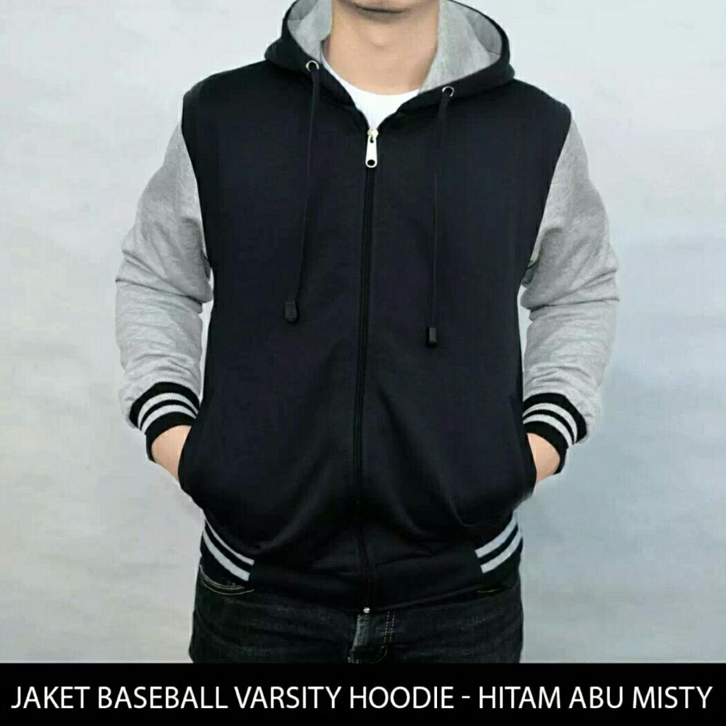 JAKET BASEBALL SLETING+KUPLUK HITAM ABU POLOS