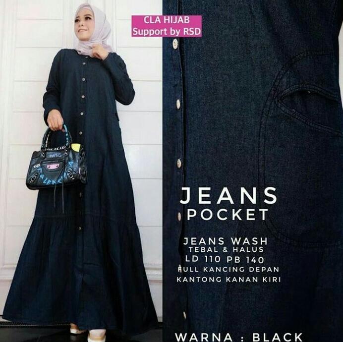 Gamis Jeans Original Pocket Long Dress Baju Muslim Maxy Dress Casual Wanita Hijab Modern Terbaru Modis