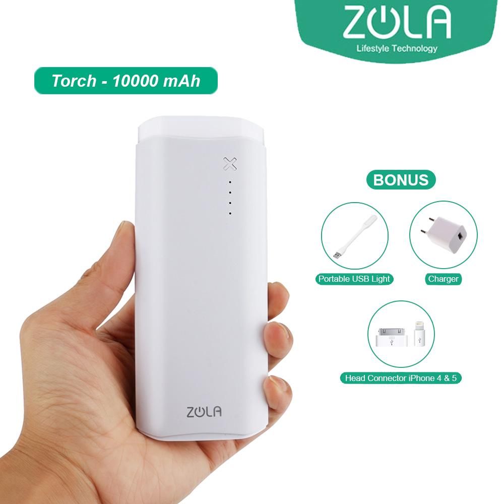 Powerbank ZOLA TORCH 10000 mAh Fast Charging 2.1A Bonus Usb Charger 2A, Iphone Konektor, Lampu Usb - Putih