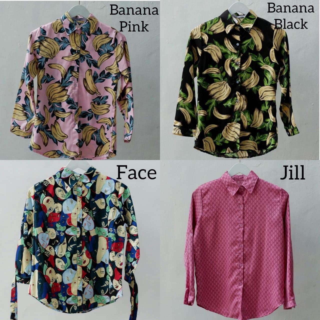 bevashop kemeja motif pattern shirt banana pisang muka face abstrak lengan panjang