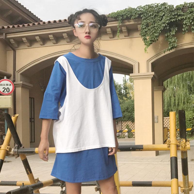 Kaos Korea Modis Gaya Warna Polos Baju Dalaman Siswa Lengan Sedang (+ Biru Putih)