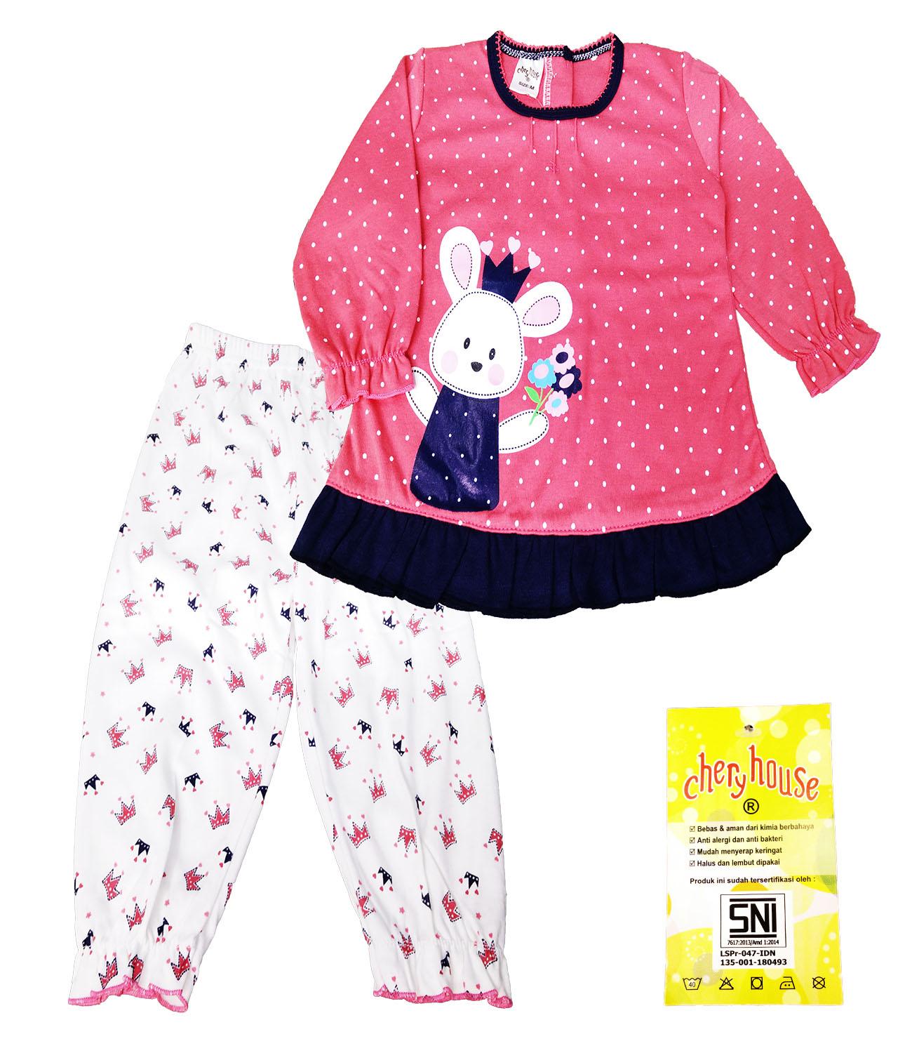 Setelan Baju tidur Piyama Panjang Bayi Anak Girl Motif Rabbit Polka- Chery House