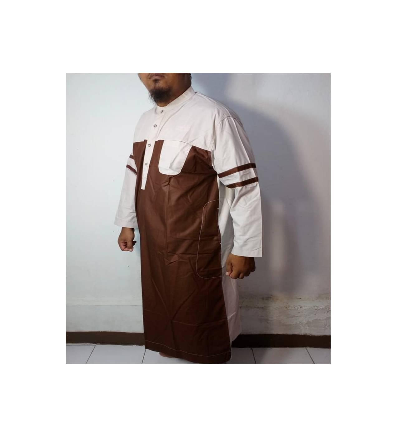 Baju Kurung Laki-Baju Gamis Sebetis-Baju Jubah Pria Warna Coklat-Putih