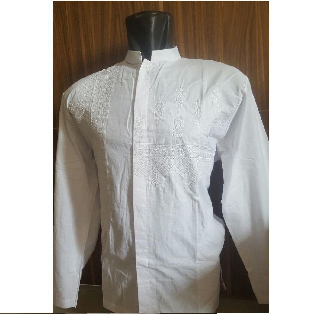 Baju Koko Pria Katun Bordir Putih Tangan Panjang