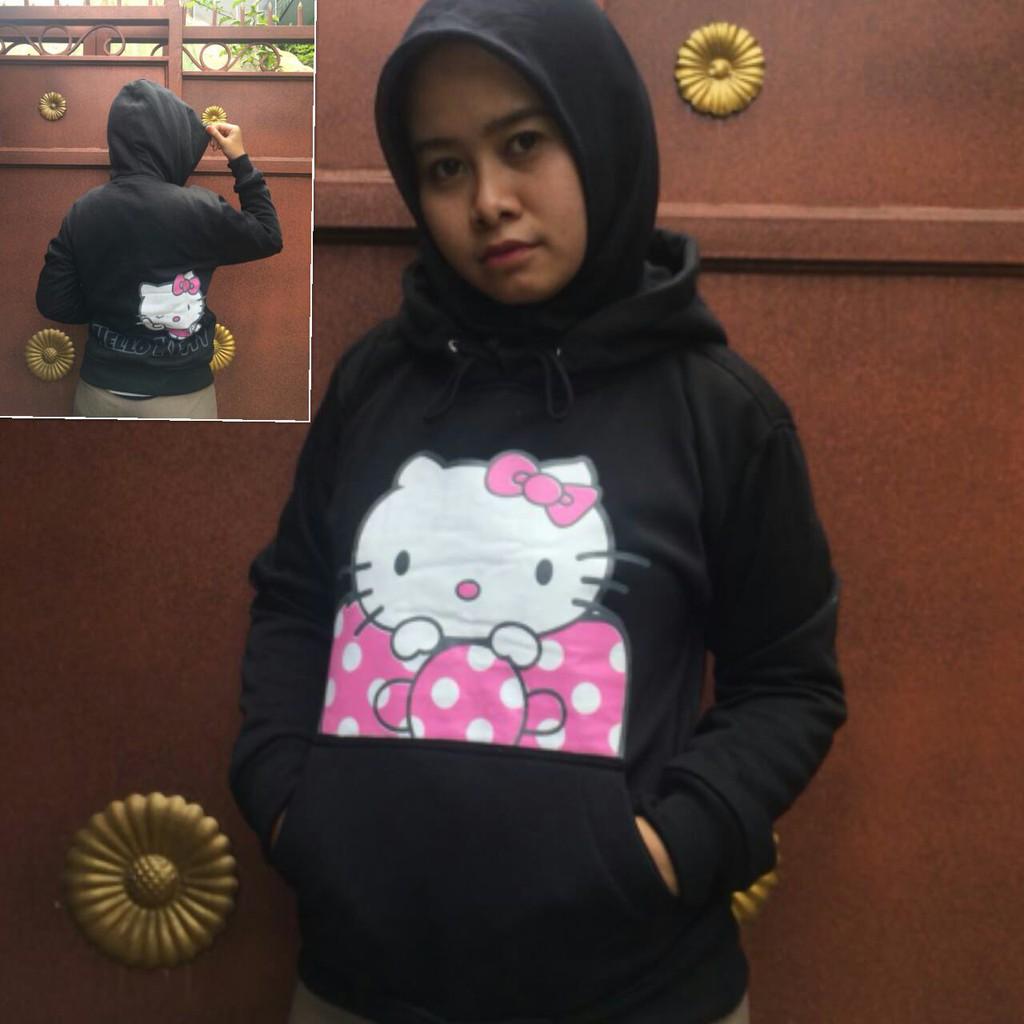 Jaket Bahan Fleece Jumper Allsize Hitam Hello Kitty Depan Belakang Pojok