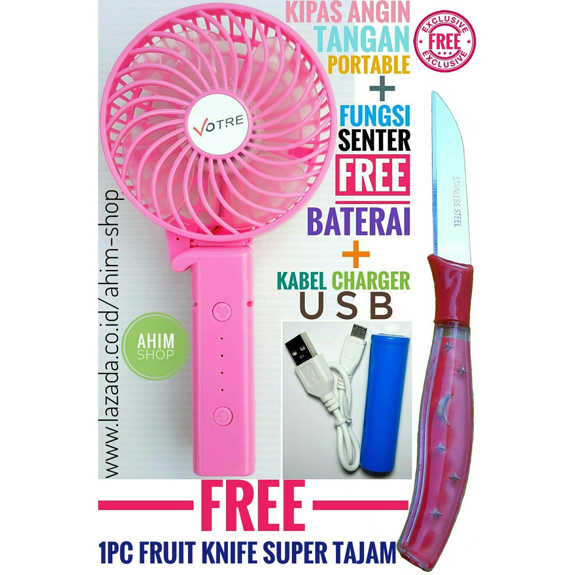 Kipas Angin Tangan PINK Lipat Portable 4.5W USB Fan Mini Stand PLUS Fungsi Senter FREE Kabel Charger + Baterai PLUS 1pc FRUIT KNIFE Star Moon STAINLESS STEEL (Warna Acak)