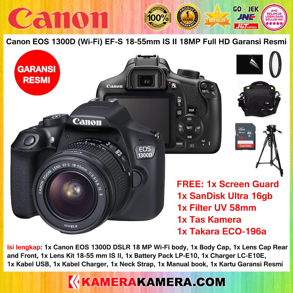 CANON EOS 1300D EF-S 18-55mm IS II WiFi 18MP GARANSI RESMI + Screen Guard + SanDisk Ultra 16gb + Filter UV 58mm + Camera Bag + Tripod Takara ECO-196a