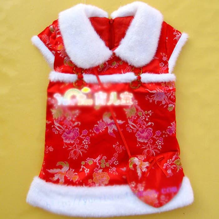 Baju Cheongsam Tiongkok Anak Perempuan Warna Merah Berbulu Putih / Sha