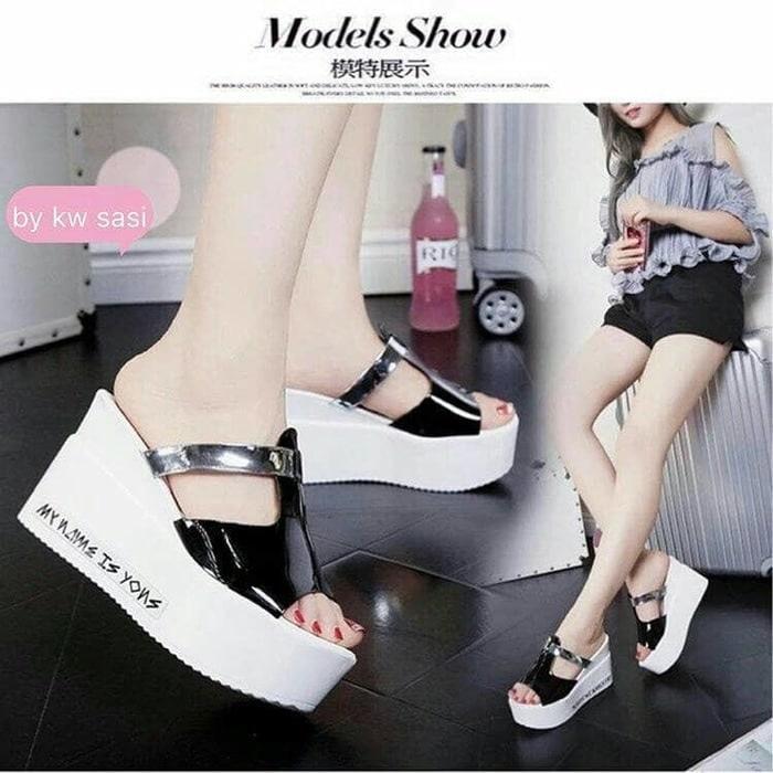 Bayar Di Tempat / Sandal Wanita Wedges Alona Hitam 12Cm