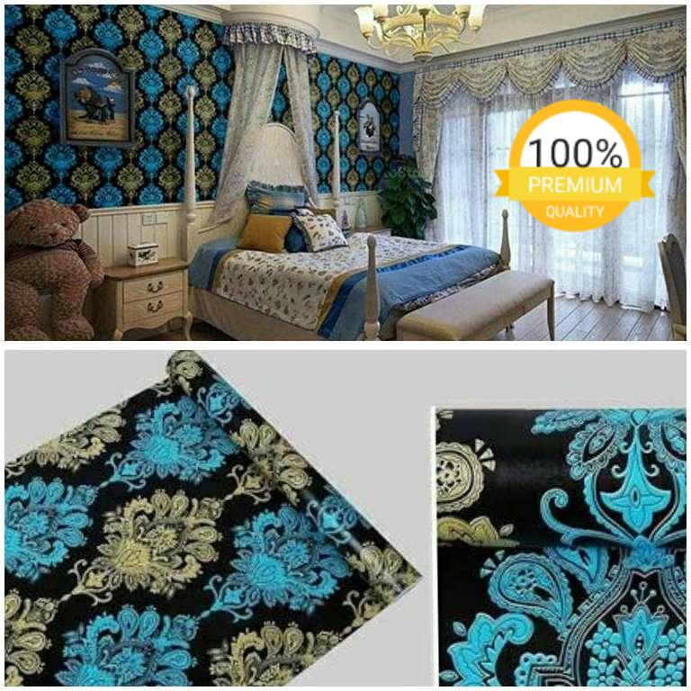 Wallpaper Sticker Dinding Hitam Motif Batik Biru dan Emas Elegan Bagus Sekali 10 meter