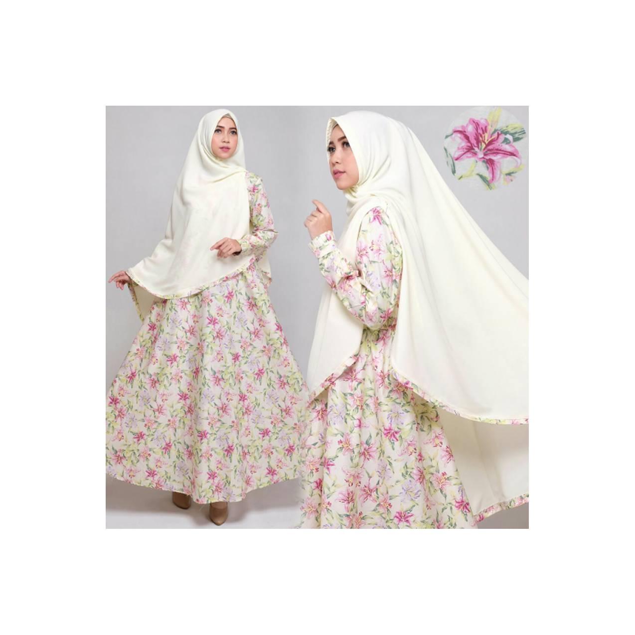 set gamis katun jepang ori krem gamis set jilbab cantik baju set syari