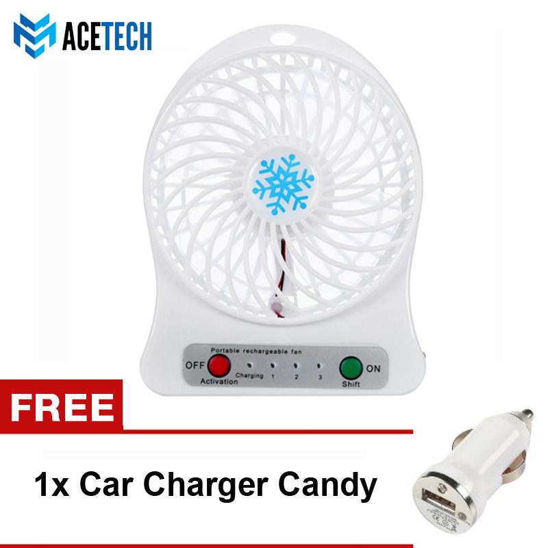 Acetech Kipas Angin Mini Portable Fan Serbaguna Fresh Summer DC 5V Desk USB Li-ion Battery Rechargeable FREE CAR CHARGER CANDY