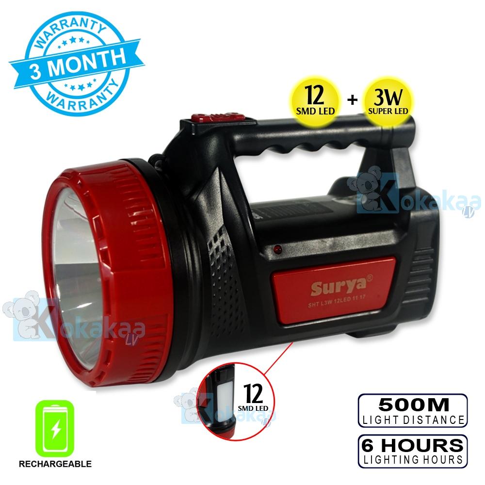 Surya Senter Led + Lampu Emergency 2 in 1 SHT L3W White Light Super LED 3W + Light LED 12SMD Rechargeable 6 Hours