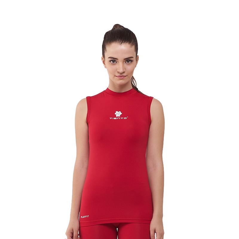 Tiento Baselayer Manset Rashguard Compression Sleeve Less Red Baju Kaos Ketat Lekbong Singlet Olahraga Bola Renang Running Gym Fitness Yoga Original