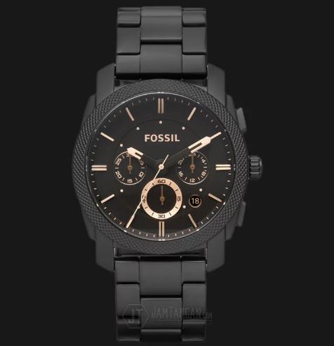 Jam Fossil FS4682 Machine Chronograph Dark Brown Dial Black Stainless Bracelet Watch