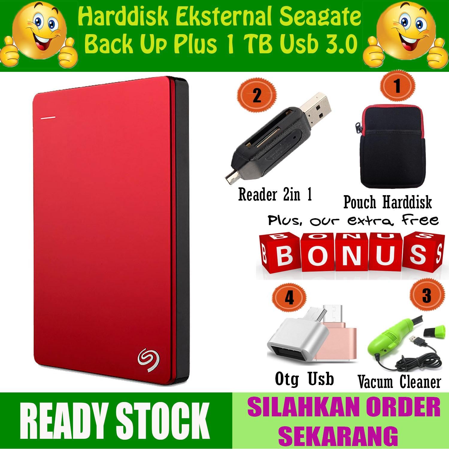 Seagate Backup Plus Slim Harddisk Eksternal HDD / HD 1TB - Merah + GRATIS Pouch Harddisk + Reader 2in 1 + Otg Usb + Pembersih Mini USB Vacuum Keyboard Cleaner Laptop Computer PC Vacum