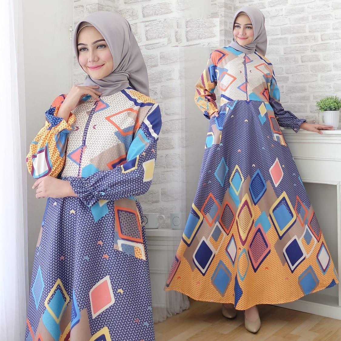 Flavia Store Maxi Dress Lengan Panjang Busui Katun Jepang Motif FS0612 - BIRU / Gamis Syari Kasual / Gaun Muslimah Casual / Baju Muslim Wanita Syar'i / Hijab / Nialea