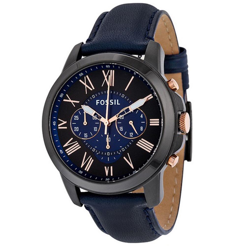 Fossil Grant Chronograph - Jam Tangan Pria - Biru Tua - Tali Kulit - FS5061 - Watch