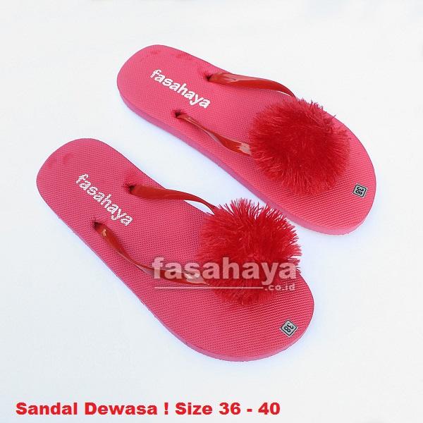 Fasahaya Sandal Pompom/ Sendal Pompom Wanita Jepit Spon Teplek Rumah Santai Cantik Terbaru Murah Meriah JPT02 Merah