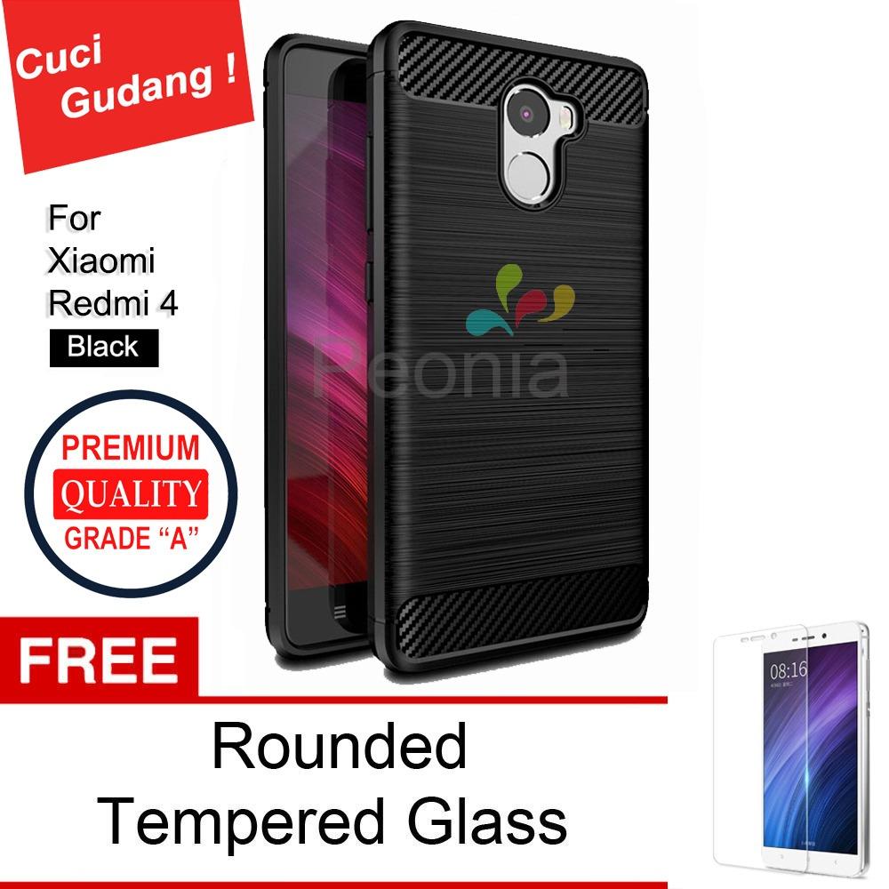 Peonia Carbon Shockproof Hybrid Premium Quality Grade A Case for Xiaomi Redmi 4 standard (flash kanan) - Hitam + Rounded Tempered Glass 2.5D Bening